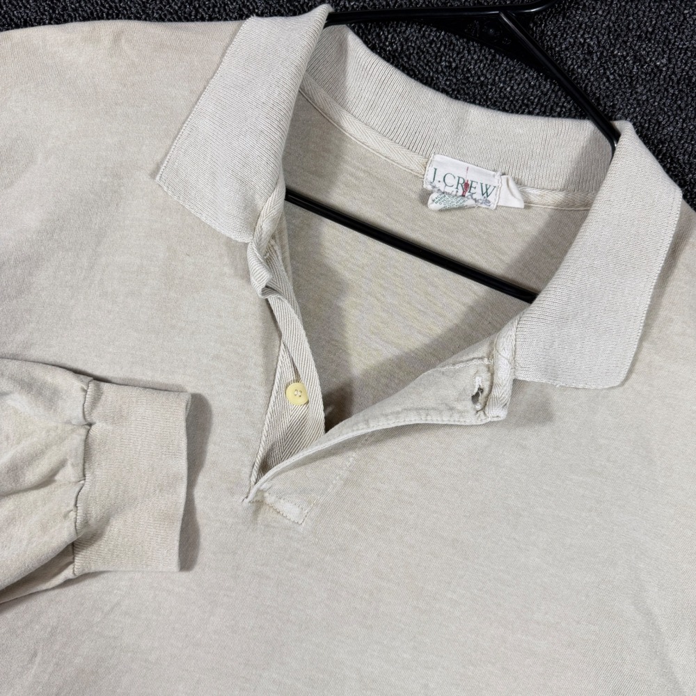 Vintage J Crew Oarsman Men XL Long Sleeve Rugby Polo Shirt Beige Tan 100% Cotton
